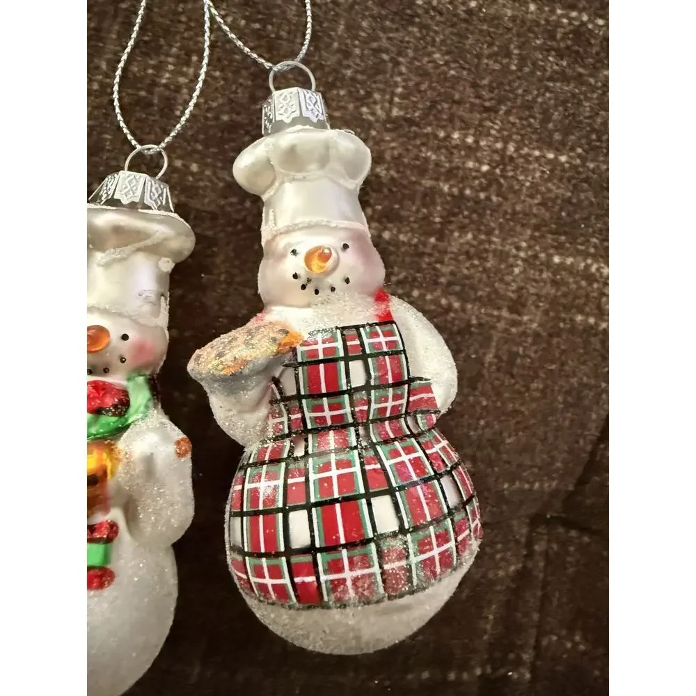 Set of 2 Williams Sonoma Blown Glass Snowman Chef Christmas Ornaments